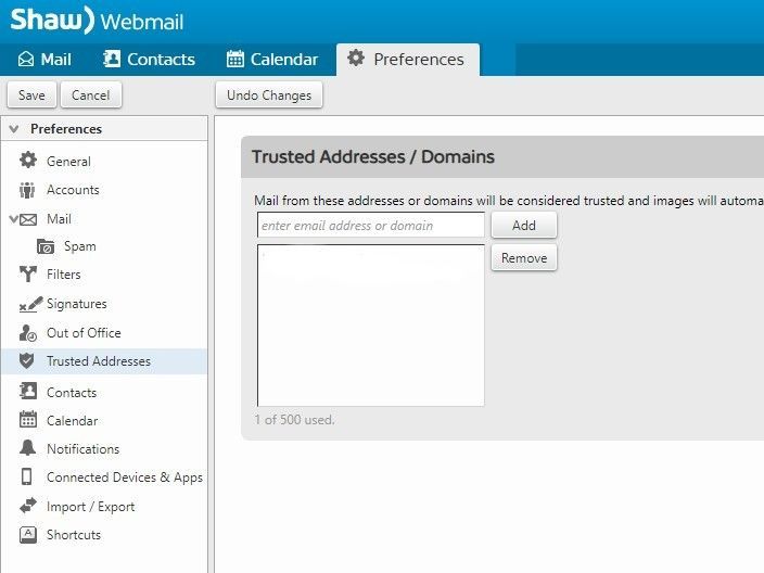 Screen shot of Shaw webmail trusted addresses setting