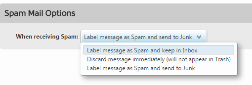 Screen shot showing the spam mail options available